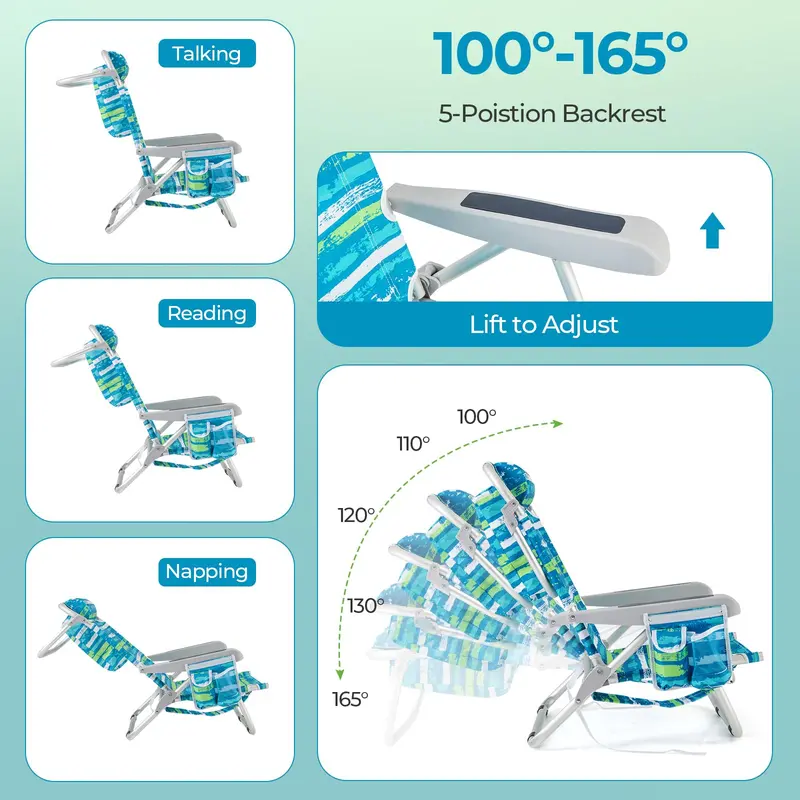 Folding Aluminum Beach Backpack Chair – 5-Position Recline, Towel Rack & Lightweight Frame