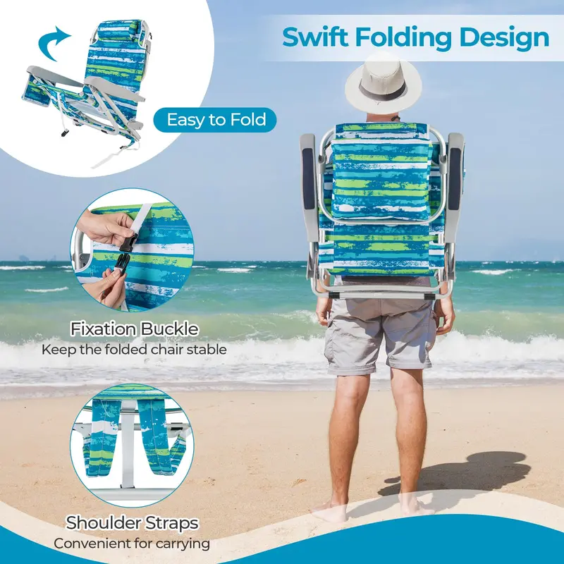 Folding Aluminum Beach Backpack Chair – 5-Position Recline, Towel Rack & Lightweight Frame