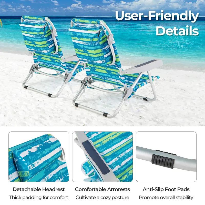 Folding Aluminum Beach Backpack Chair – 5-Position Recline, Towel Rack & Lightweight Frame