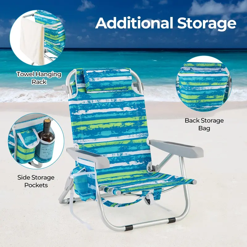 Folding Aluminum Beach Backpack Chair – 5-Position Recline, Towel Rack & Lightweight Frame
