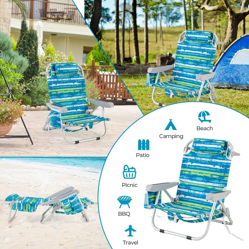 Folding Aluminum Beach Backpack Chair – 5-Position Recline, Towel Rack & Lightweight Frame
