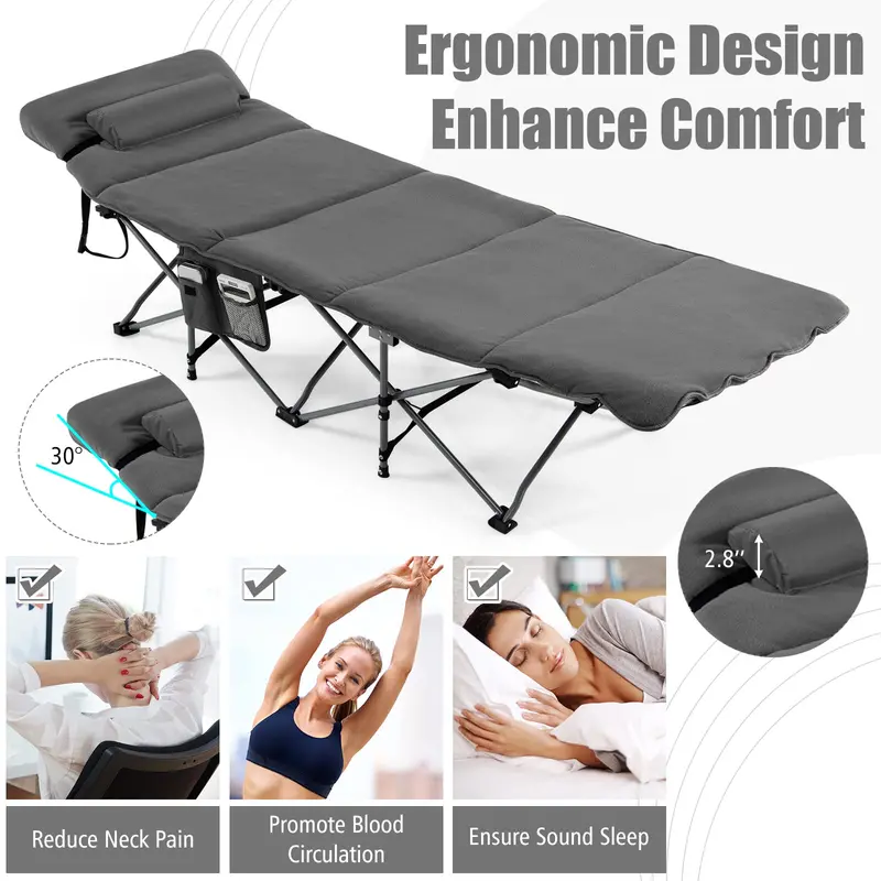 Folding Camping Cot with Integrated Mattress and Pillow