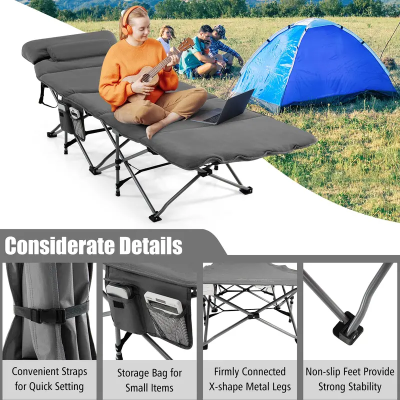 Folding Camping Cot with Integrated Mattress and Pillow