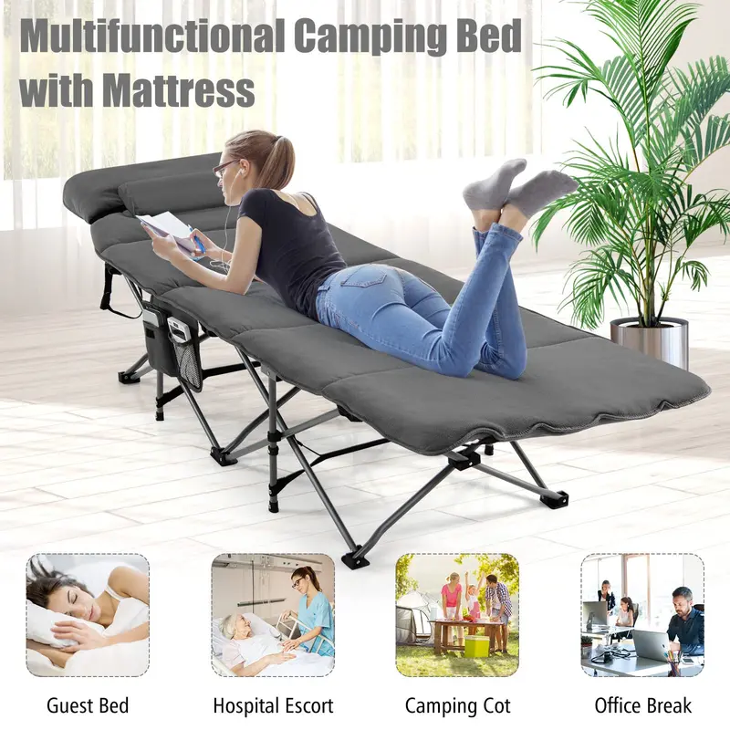 Folding Camping Cot with Integrated Mattress and Pillow