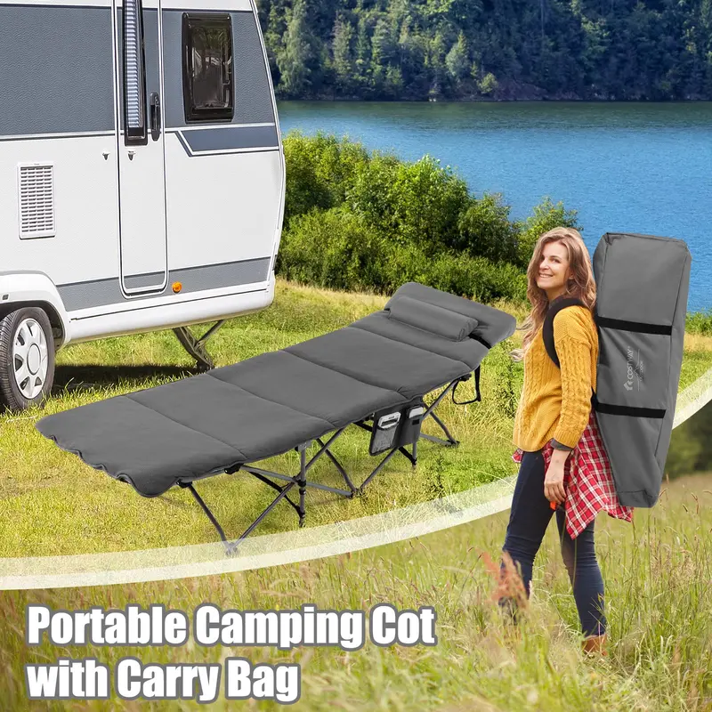 Folding Camping Cot with Integrated Mattress and Pillow