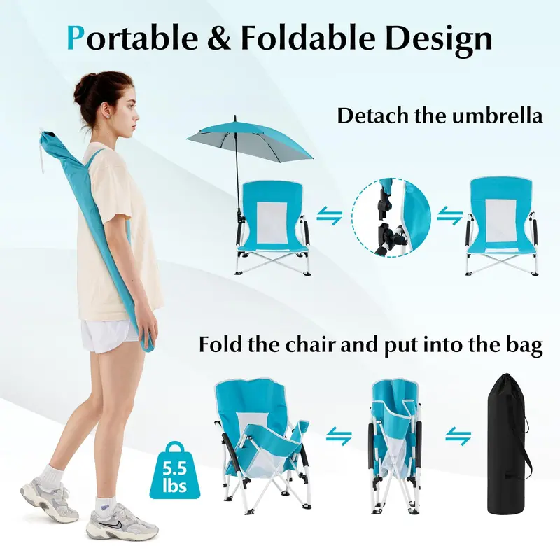 Folding Lawn Chair with Built-In Adjustable Sunshade for Camping & Outdoor Use