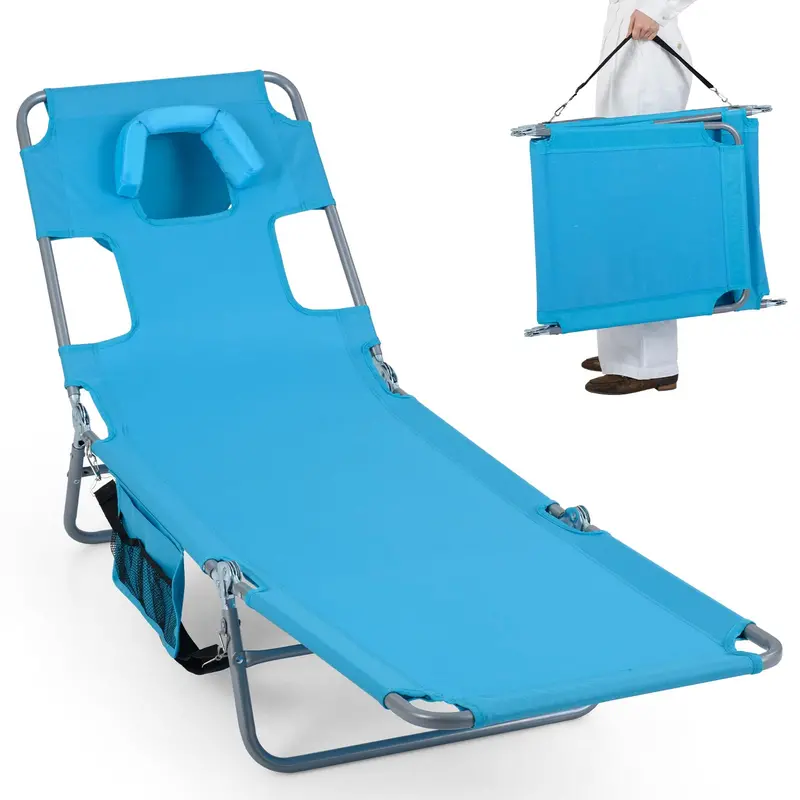 Folding Tanning Lounge Chair with Five-Position Reclining Backrest