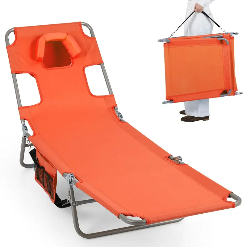 Folding Tanning Lounge Chair with Five-Position Reclining Backrest
