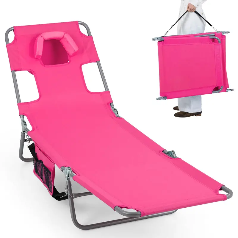 Folding Tanning Lounge Chair with Five-Position Reclining Backrest