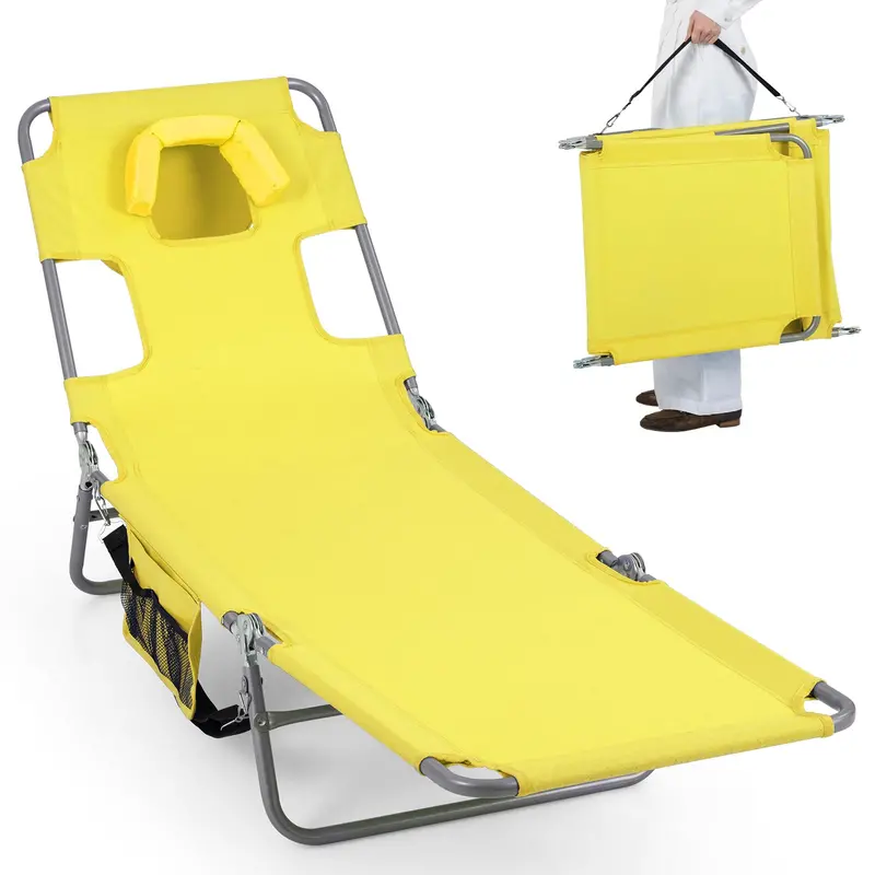 Folding Tanning Lounge Chair with Five-Position Reclining Backrest