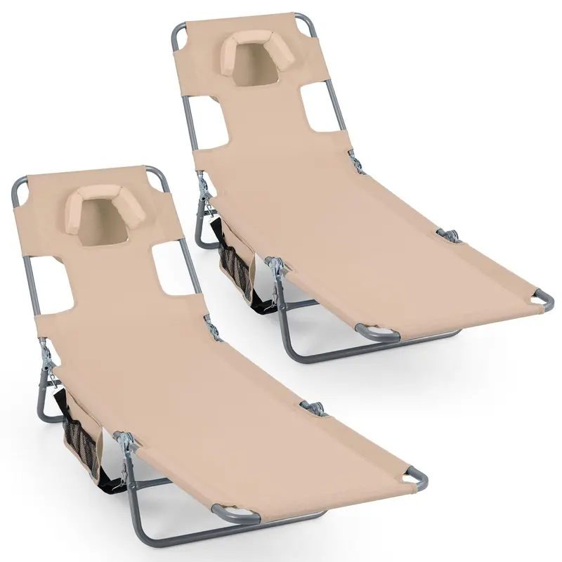 Folding Tanning Lounge Chair with Five-Position Reclining Backrest