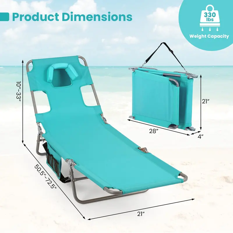 Folding Tanning Lounge Chair with Five-Position Reclining Backrest