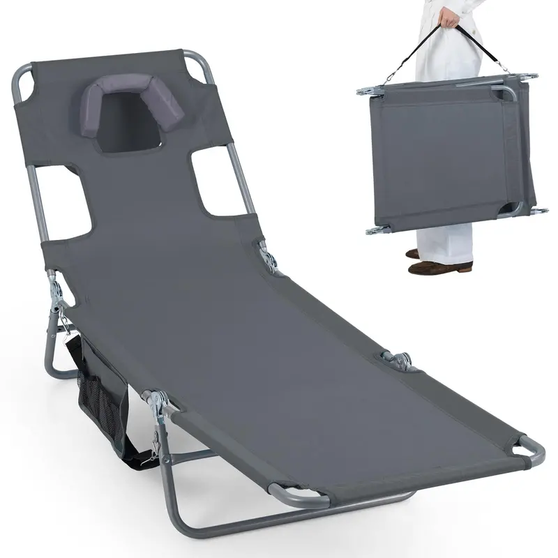 Folding Tanning Lounge Chair with Five-Position Reclining Backrest