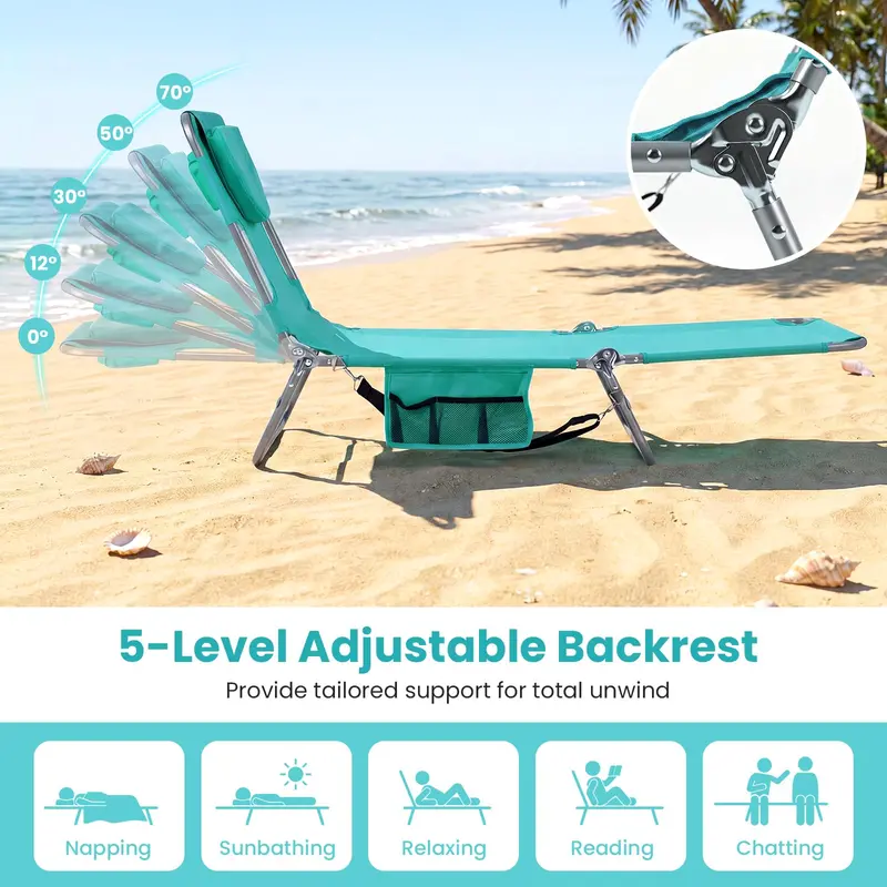Folding Tanning Lounge Chair with Five-Position Reclining Backrest