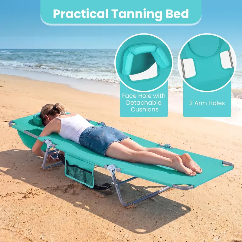 Folding Tanning Lounge Chair with Five-Position Reclining Backrest