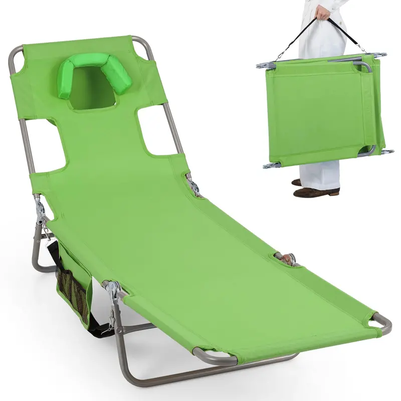 Folding Tanning Lounge Chair with Five-Position Reclining Backrest