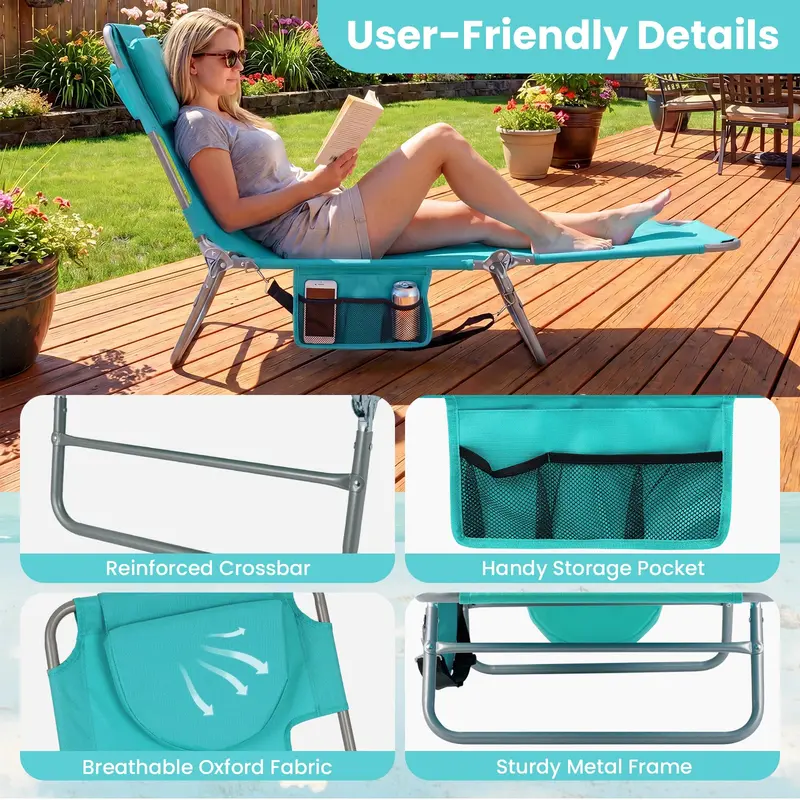 Folding Tanning Lounge Chair with Five-Position Reclining Backrest
