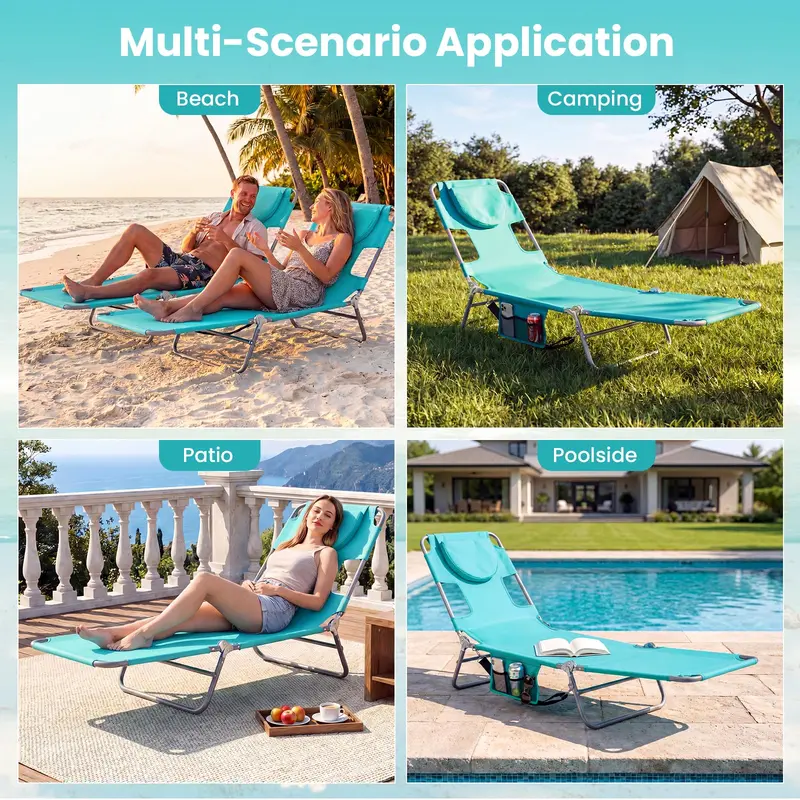 Folding Tanning Lounge Chair with Five-Position Reclining Backrest