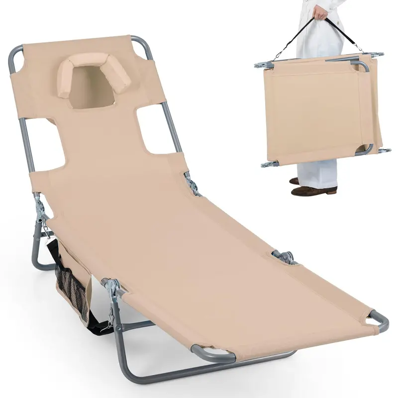 Folding Tanning Lounge Chair with Five-Position Reclining Backrest
