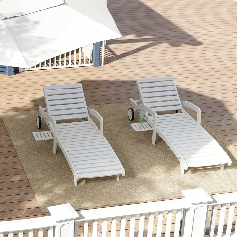 Four-Piece Outdoor Chaise Lounge Set – Wooden 5-Position Recliners with Pull-Out Side Tables 1