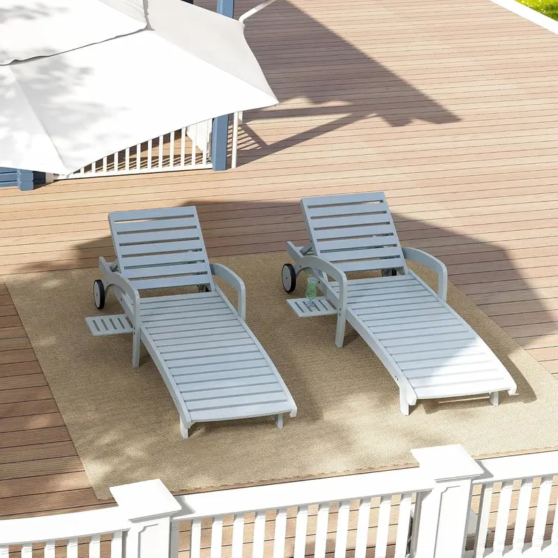 Four-Piece Outdoor Chaise Lounge Set – Wooden 5-Position Recliners with Pull-Out Side Tables