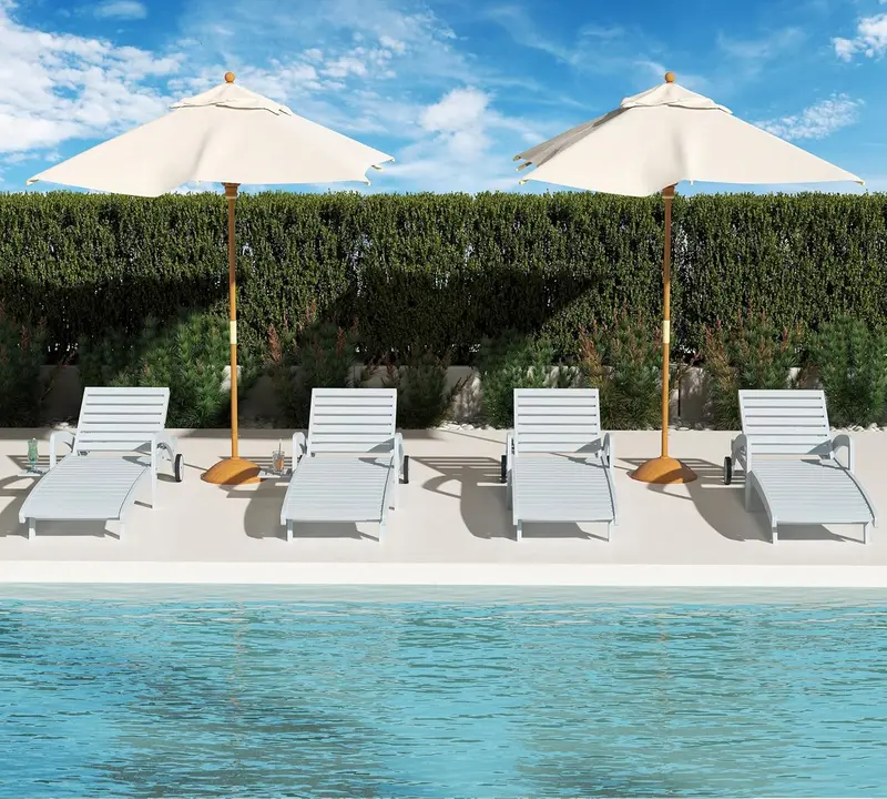 Four-Piece Outdoor Chaise Lounge Set – Wooden 5-Position Recliners with Pull-Out Side Tables