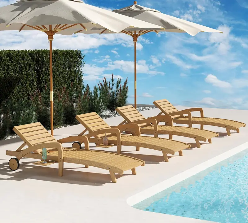 Four-Piece Outdoor Chaise Lounge Set – Wooden 5-Position Recliners with Pull-Out Side Tables