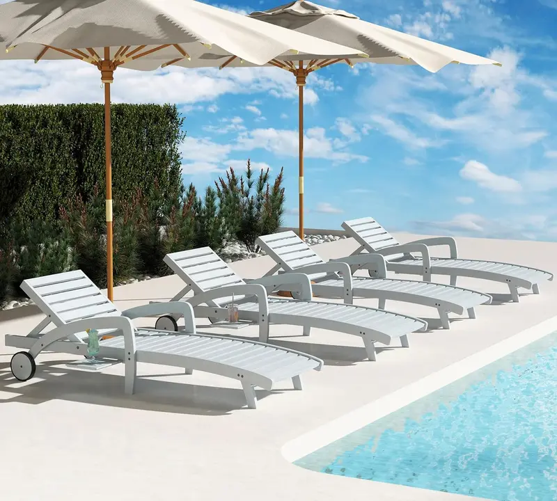 Four-Piece Outdoor Chaise Lounge Set – Wooden 5-Position Recliners with Pull-Out Side Tables