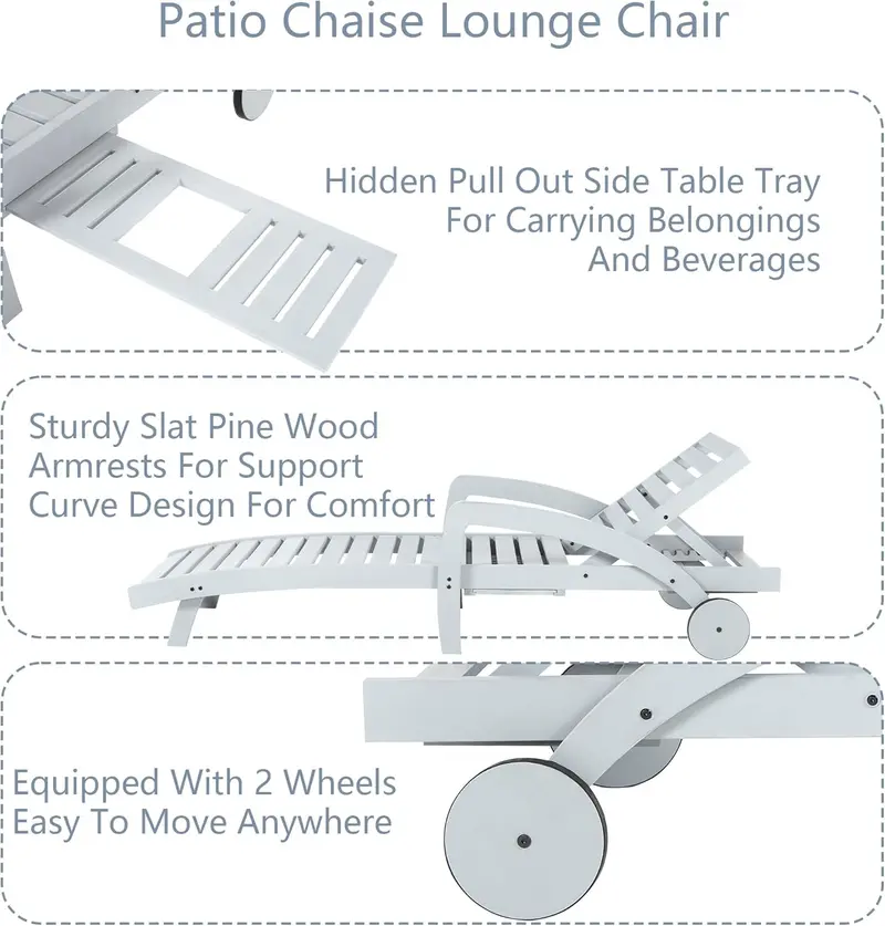 Four-Piece Outdoor Chaise Lounge Set – Wooden 5-Position Recliners with Pull-Out Side Tables