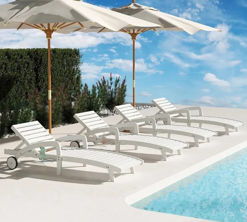Four-Piece Outdoor Chaise Lounge Set – Wooden 5-Position Recliners with Pull-Out Side Tables