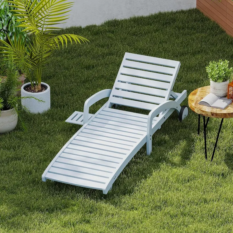 Four-Piece Outdoor Chaise Lounge Set – Wooden 5-Position Recliners with Pull-Out Side Tables