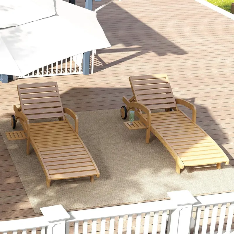 Four-Piece Outdoor Chaise Lounge Set – Wooden 5-Position Recliners with Pull-Out Side Tables