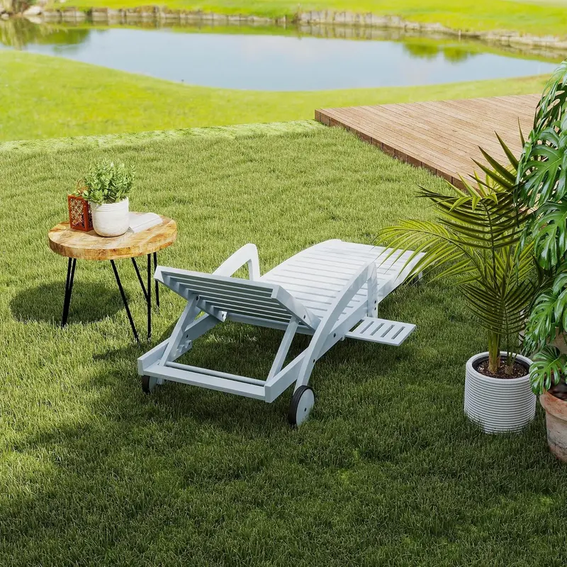 Four-Piece Outdoor Chaise Lounge Set – Wooden 5-Position Recliners with Pull-Out Side Tables