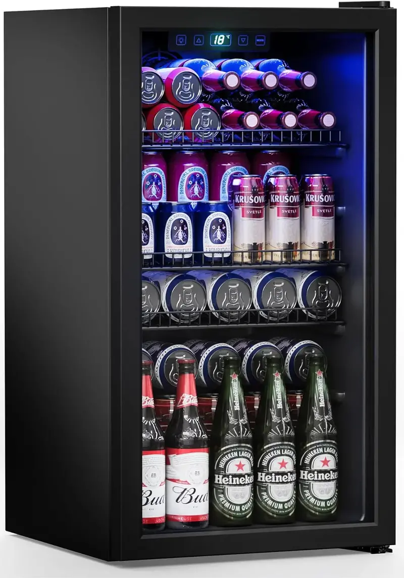 Freestanding 120-Can Mini Fridge with Digital Temperature Display – Glass Door Beverage Cooler (3.2 Cu. Ft., Matte Black)