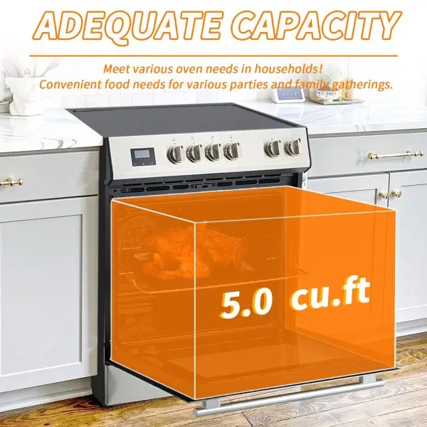 Front-Control Electric Range – 5 Burners, 6 Power Settings, 5.0 cu. ft. Oven, Stainless Steel Finish