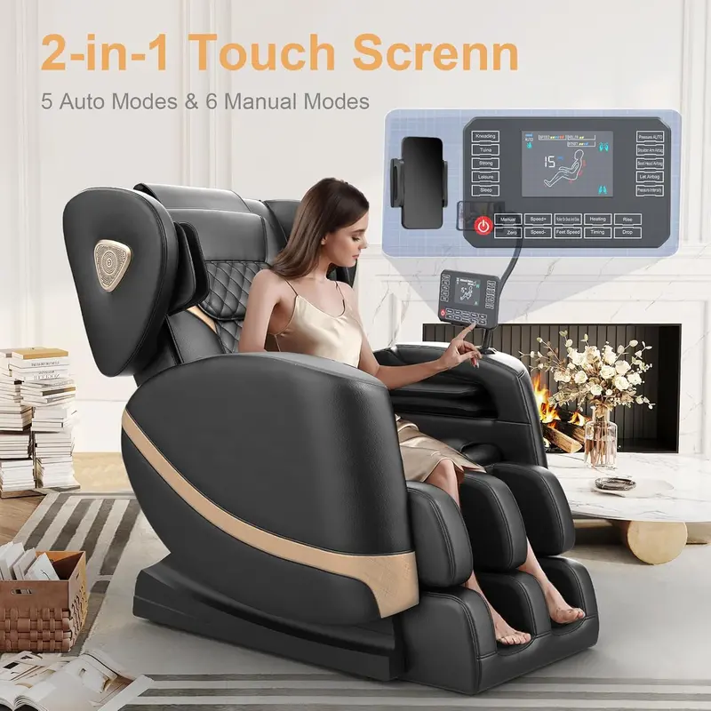 Full-Body Zero Gravity Massage Chair – 10 Roller System, Heating Therapy, Foot Rollers, Bluetooth Speaker & Touchscreen Controls (Black/Brown)