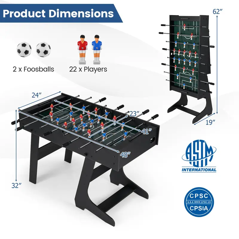 Full-Size 48-Inch Freestanding Soccer Table for Competitive Play – 22 Players, 2 Balls