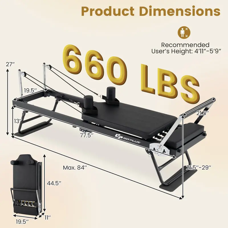 Full-Size 84-Inch Foldable Pilates Reformer for Home Fitness