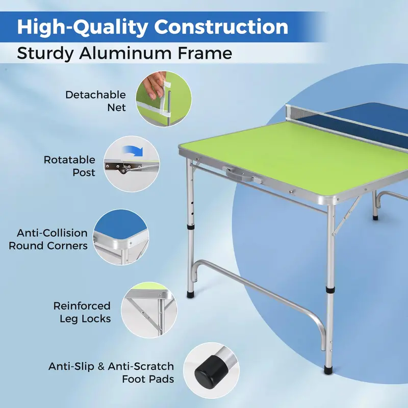 Fully Assembled Foldable Ping Pong Table – Includes Net & Dual-Color Paddles (47" Blue/Green)