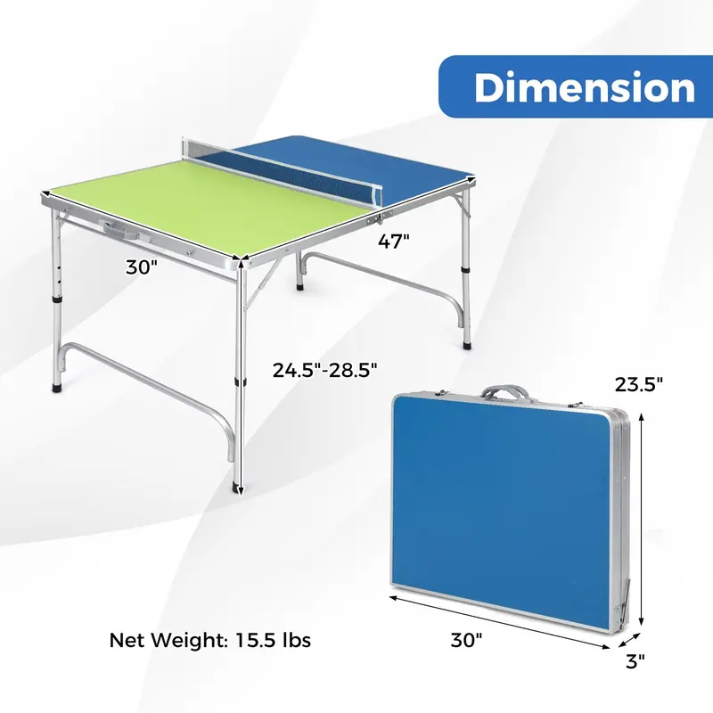 Fully Assembled Foldable Ping Pong Table – Includes Net & Dual-Color Paddles (47" Blue/Green)