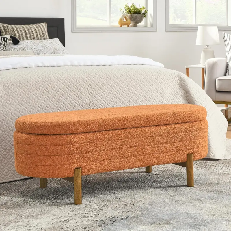 Furniliving Modern Storage Ottoman Bench — Upholstered Sherpa Fabric Bench with Solid Wood Legs & Hidden Interior Compartment