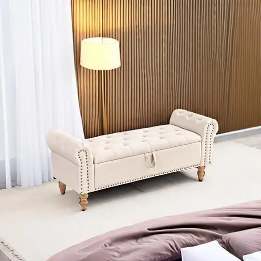 Furniliving Modern Storage Ottoman Bench — Upholstered Sherpa Fabric Bench with Solid Wood Legs & Hidden Interior Compartment