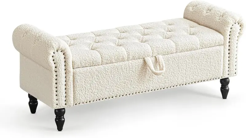 Furniliving Modern Storage Ottoman Bench — Upholstered Sherpa Fabric Bench with Solid Wood Legs & Hidden Interior Compartment