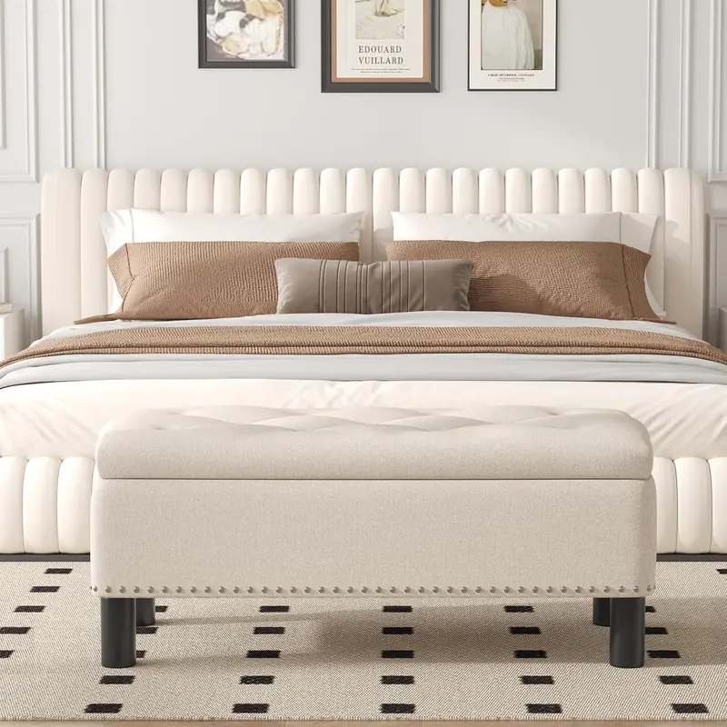 Furniliving Modern Storage Ottoman Bench — Upholstered Sherpa Fabric Bench with Solid Wood Legs & Hidden Interior Compartment