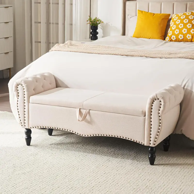 Furniliving Modern Storage Ottoman Bench — Upholstered Sherpa Fabric Bench with Solid Wood Legs & Hidden Interior Compartment