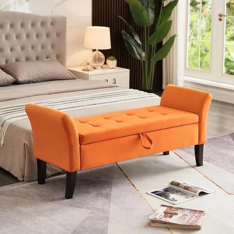 Furniliving Modern Storage Ottoman Bench — Upholstered Sherpa Fabric Bench with Solid Wood Legs & Hidden Interior Compartment