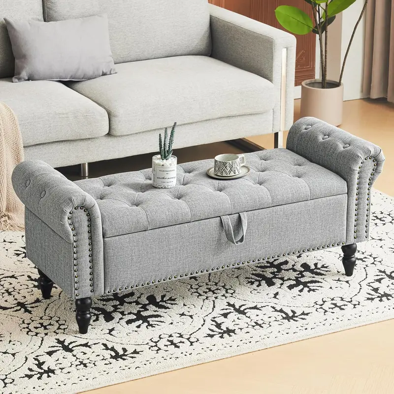 Furniliving Modern Storage Ottoman Bench — Upholstered Sherpa Fabric Bench with Solid Wood Legs & Hidden Interior Compartment