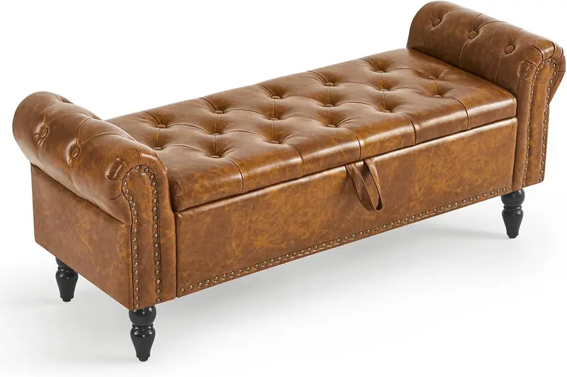 Furniliving Modern Storage Ottoman Bench — Upholstered Sherpa Fabric Bench with Solid Wood Legs & Hidden Interior Compartment