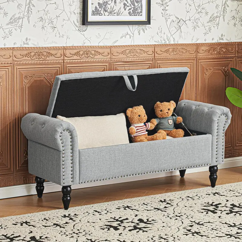 Furniliving Modern Storage Ottoman Bench — Upholstered Sherpa Fabric Bench with Solid Wood Legs & Hidden Interior Compartment