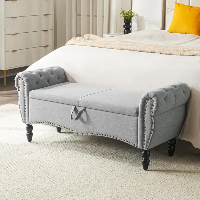 Furniliving Modern Storage Ottoman Bench — Upholstered Sherpa Fabric Bench with Solid Wood Legs & Hidden Interior Compartment